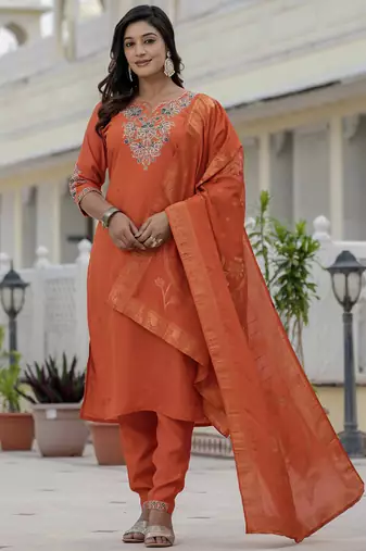 Orange roman silk embroidered sequin salwar suit
