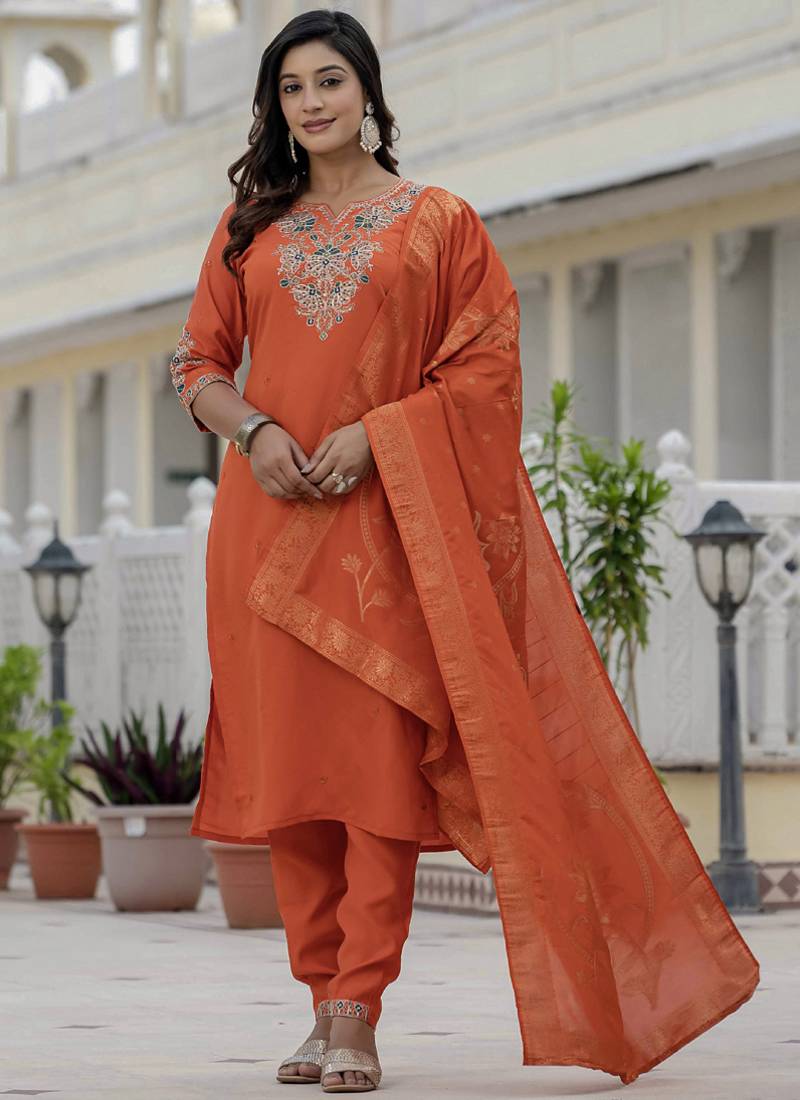 Orange roman silk embroidered sequence designer salwar suit