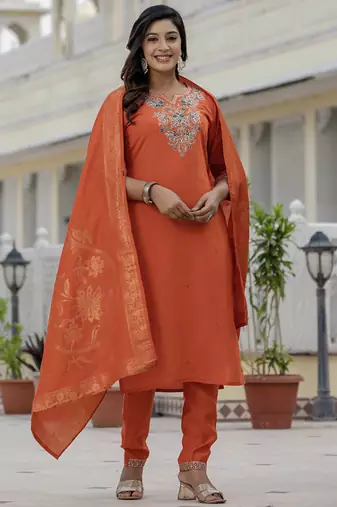 Orange roman silk embroidered sequin salwar suit