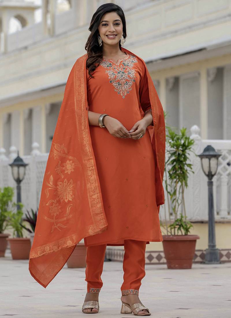 Orange roman silk embroidered sequence designer salwar suit
