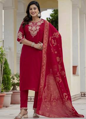 Red roman silk embroidered sequin salwar suit 1