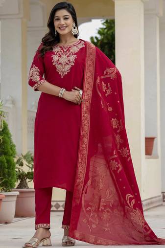 Red roman silk embroidered sequence designer salwar suit