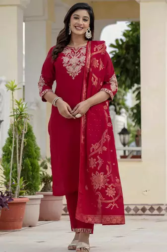 Red roman silk embroidered sequin salwar suit