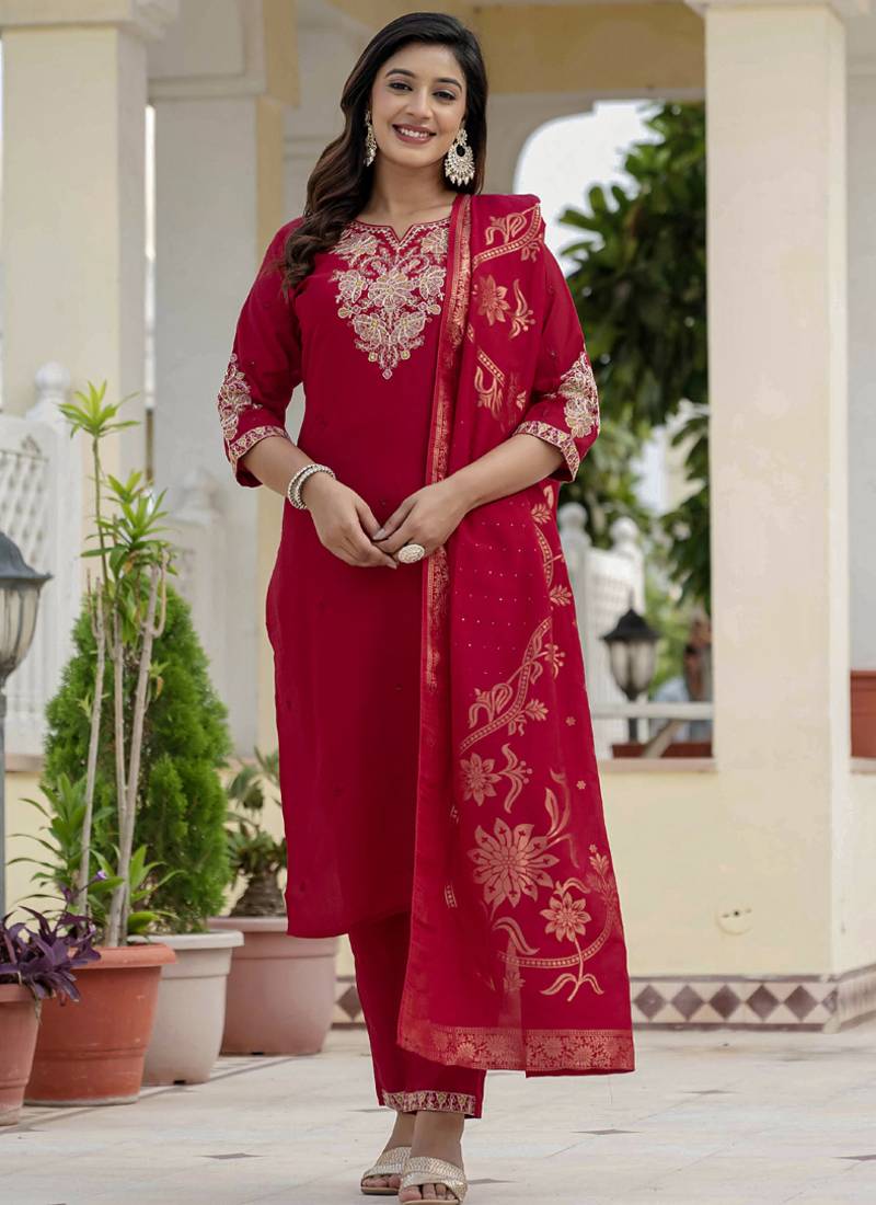 Red roman silk embroidered sequence designer salwar suit
