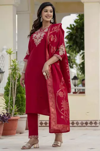 Red roman silk embroidered sequin salwar suit
