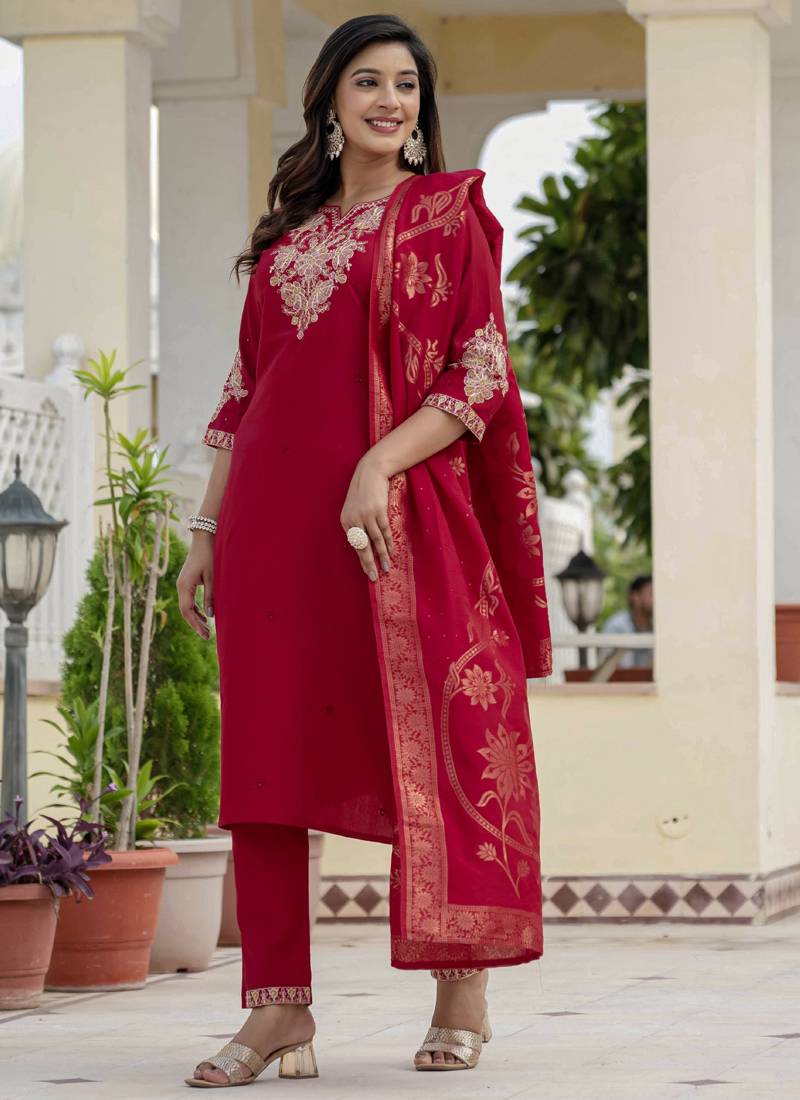 Red roman silk embroidered sequence designer salwar suit