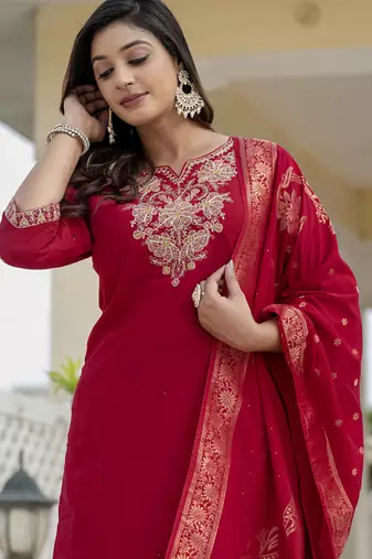 Red roman silk embroidered sequin salwar suit