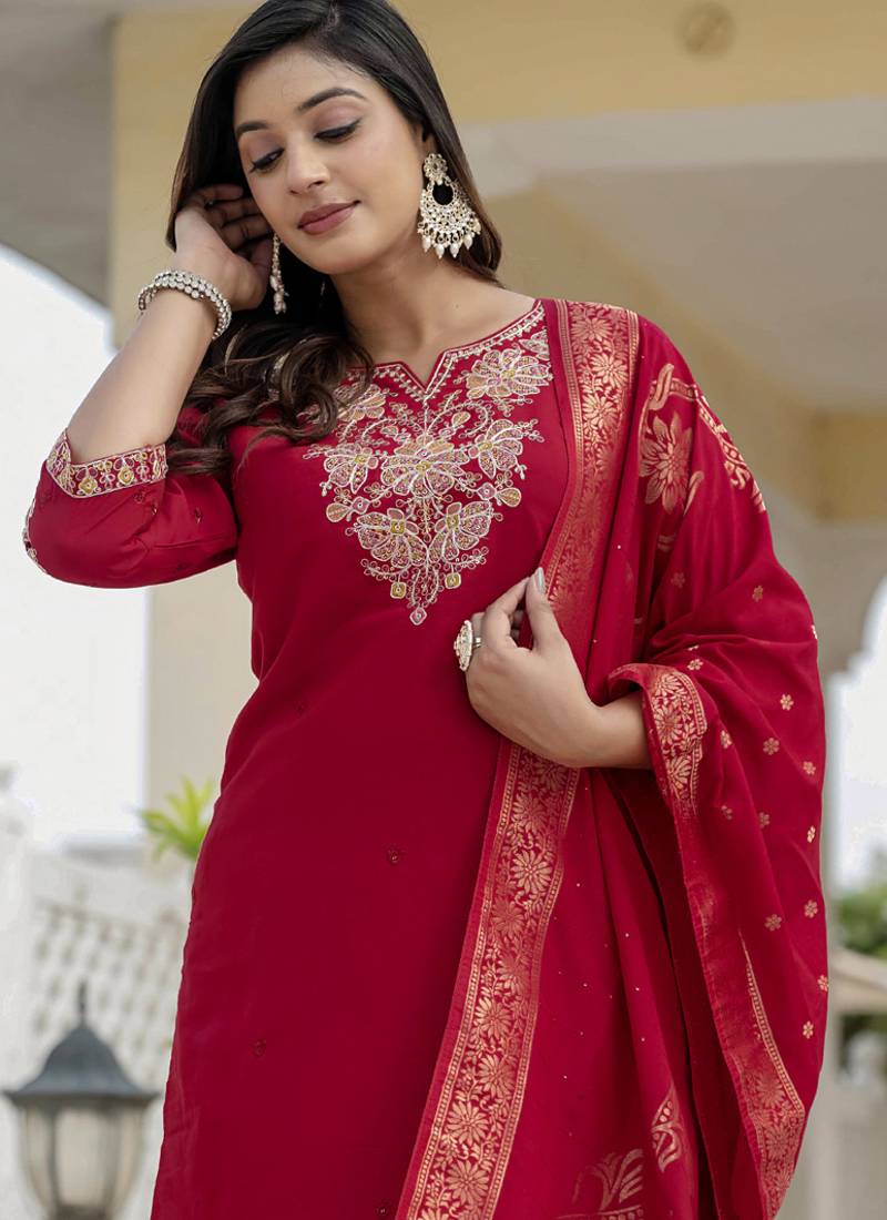 Red roman silk embroidered sequence designer salwar suit