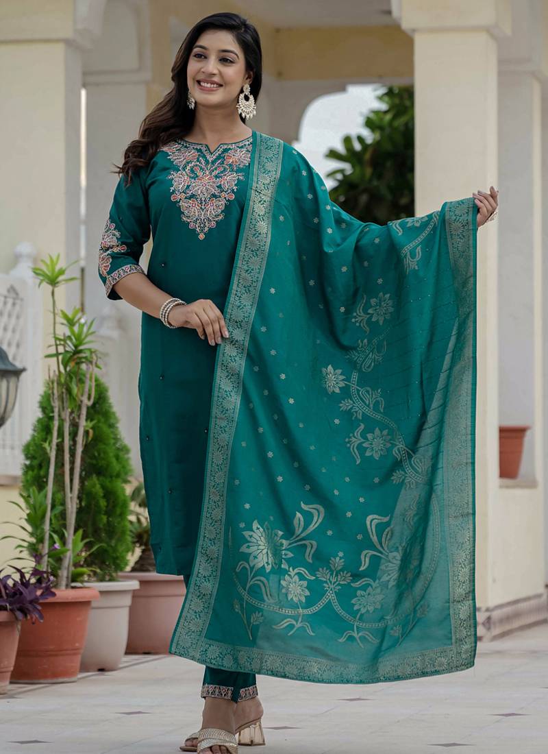 Rama green roman silk embroidered sequence designer salwar suit