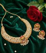 Matte gold finish pendant pearl chain necklace set with elephant design