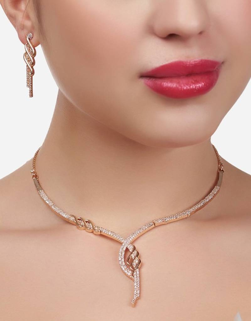 Rose-gold plated white cz-studded jewellery set