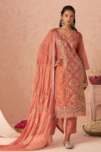 Peach Embroidered Organza Function Wear Straight Suit