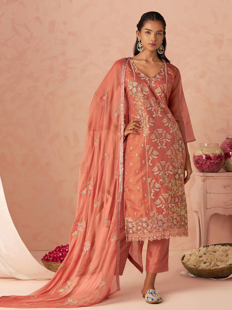 Peach Embroidered Organza Function Wear Straight Suit