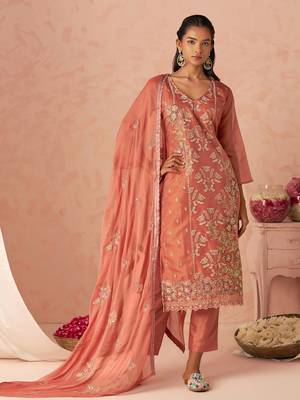 Peach Embroidered Organza Function Wear Straight Suit 1