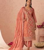 Peach Embroidered Organza Function Wear Straight Suit