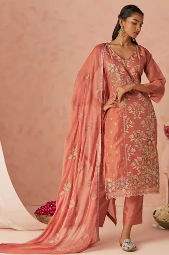 Peach Embroidered Organza Function Wear Straight Suit