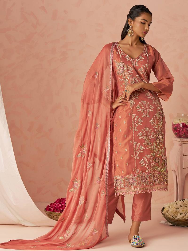 Peach Embroidered Organza Function Wear Straight Suit
