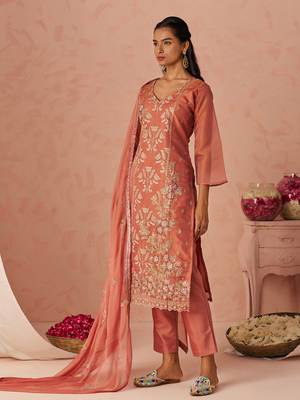 Peach Embroidered Organza Function Wear Straight Suit 3
