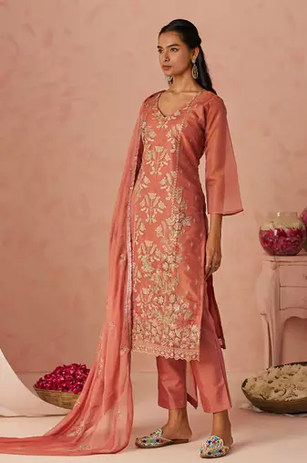 Peach Embroidered Organza Function Wear Straight Suit