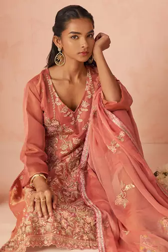 Peach Embroidered Organza Function Wear Straight Suit