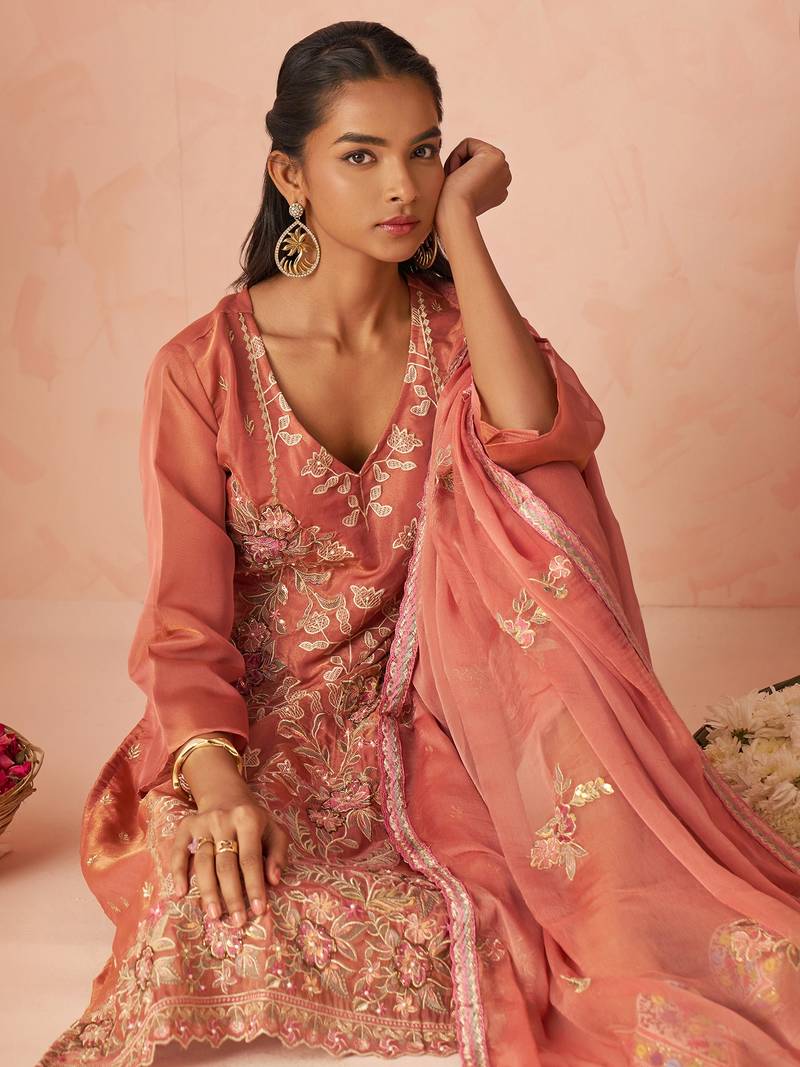 Peach Embroidered Organza Function Wear Straight Suit