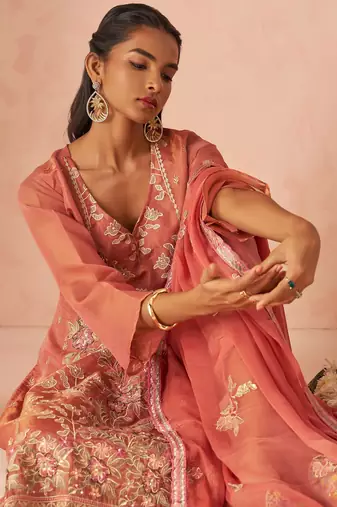 Peach Embroidered Organza Function Wear Straight Suit