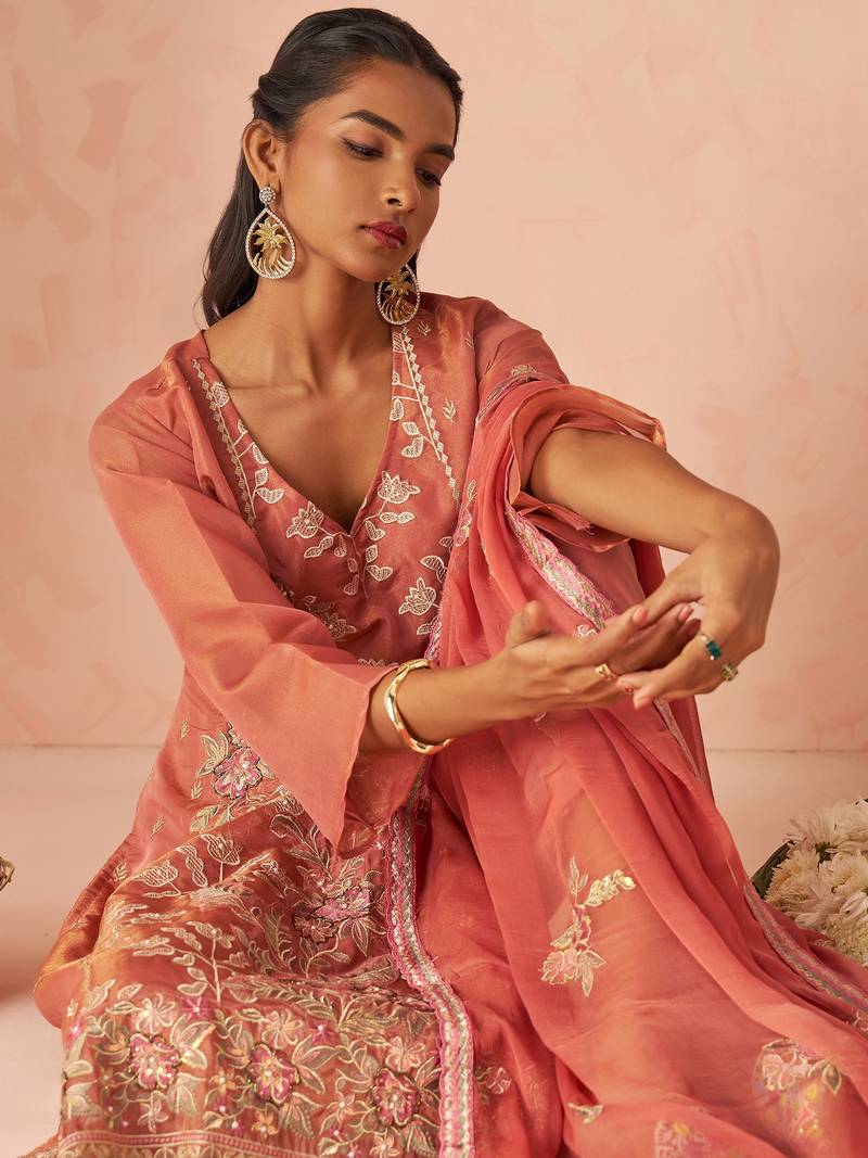 Peach Embroidered Organza Function Wear Straight Suit