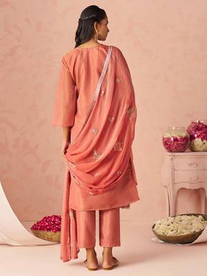 Peach Embroidered Organza Function Wear Straight Suit 6