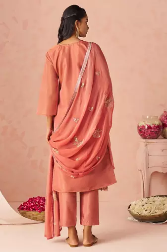 Peach Embroidered Organza Function Wear Straight Suit