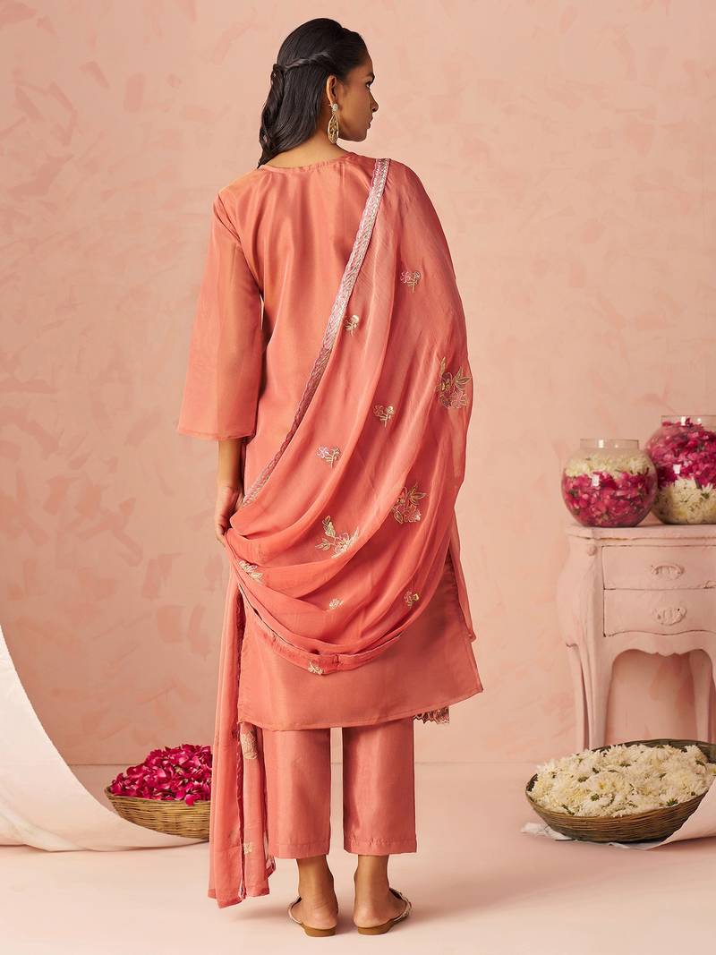 Peach Embroidered Organza Function Wear Straight Suit