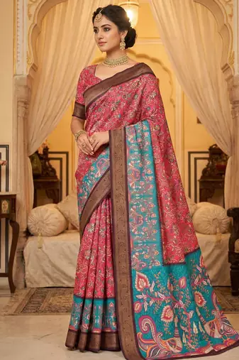 pink color printed with weaving border soft dola art silk saree with unstitched blouse