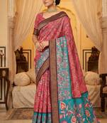 pink color printed with weaving border soft dola art silk saree with unstitched blouse