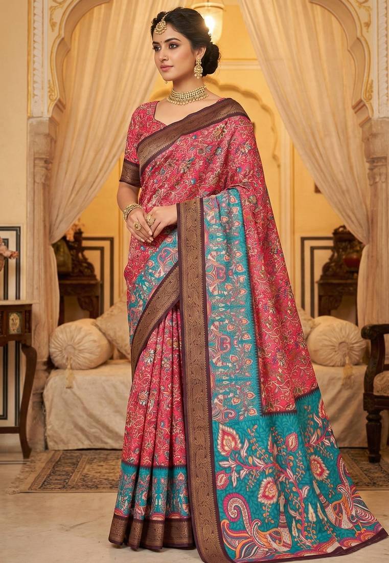 pink color printed with weaving border soft dola art silk saree with unstitched blouse