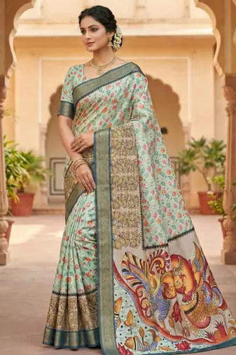 sky color printed with weaving border soft dola art silk saree with unstitched blouse