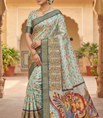 sky color printed with weaving border soft dola art silk saree with unstitched blouse