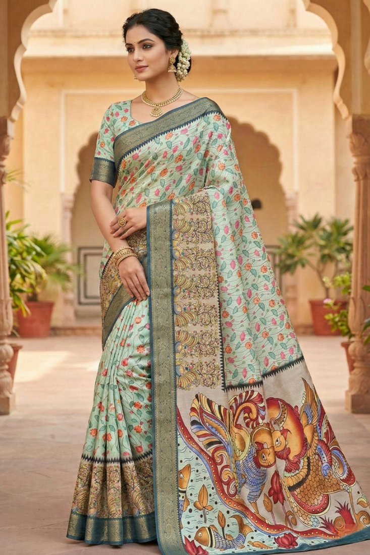 sky color printed with weaving border soft dola art silk saree with unstitched blouse