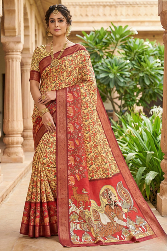 yellow color printed with weaving border soft dola art silk saree with unstitched blouse