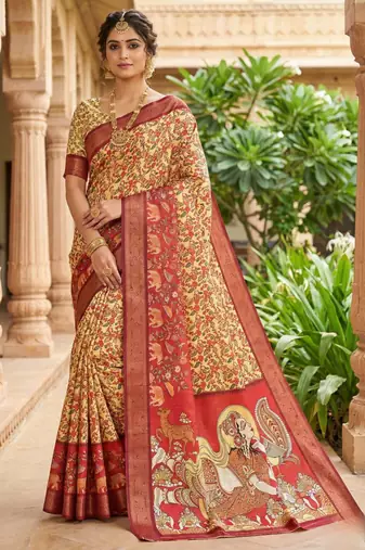 yellow color printed with weaving border soft dola art silk saree with unstitched blouse