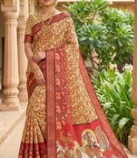 yellow color printed with weaving border soft dola art silk saree with unstitched blouse