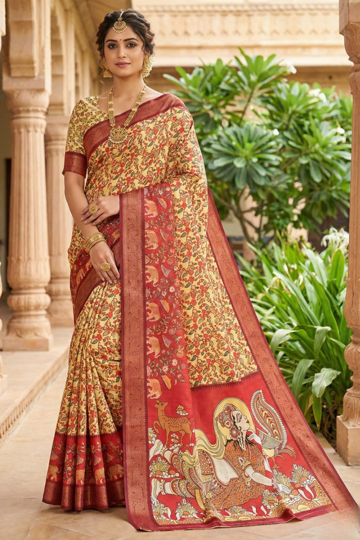 yellow color printed with weaving border soft dola art silk saree with unstitched blouse