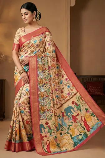 cream color printed with weaving border soft dola art silk saree with unstitched blouse