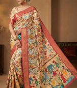 cream color printed with weaving border soft dola art silk saree with unstitched blouse