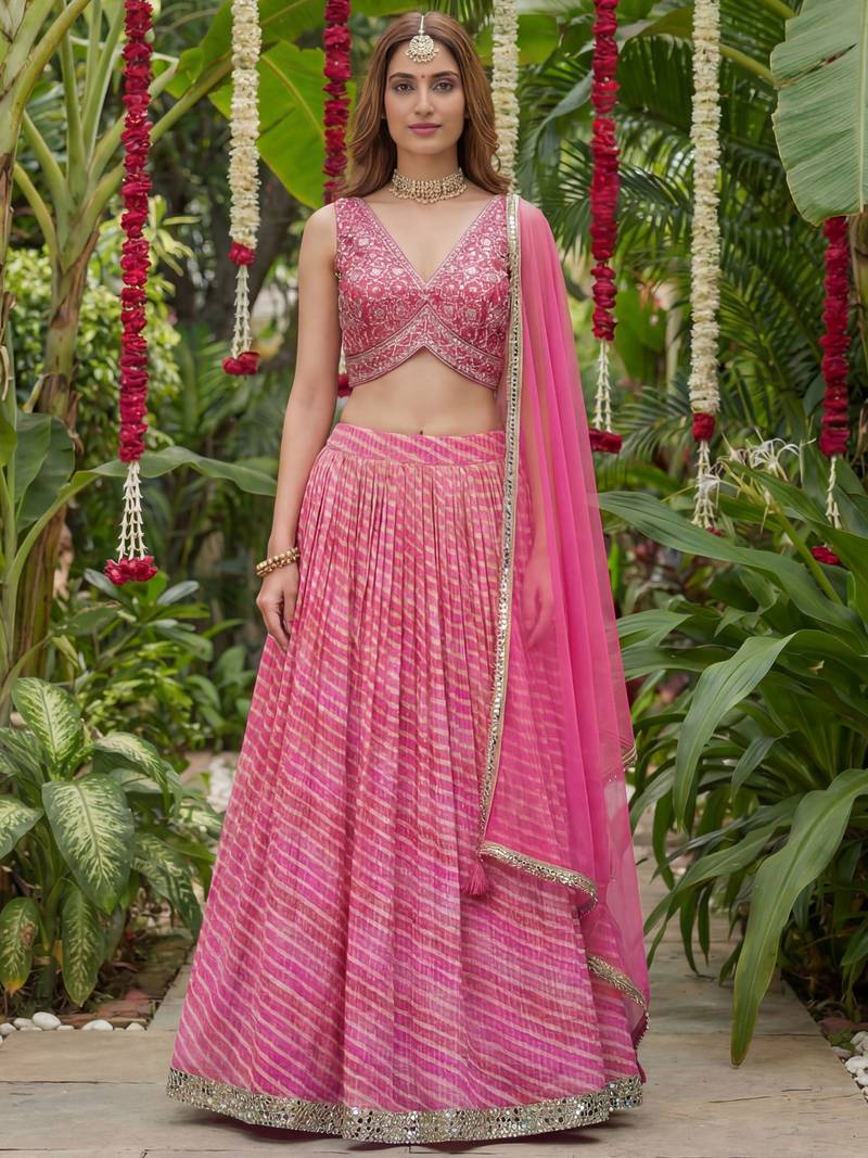 pink laheriya printed organza festive lehenga set choli with dupatta
