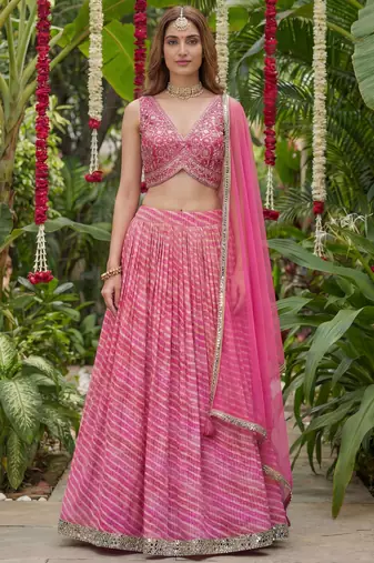 pink laheriya printed organza festive lehenga set choli with dupatta