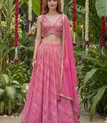 pink laheriya printed organza festive lehenga set choli with dupatta