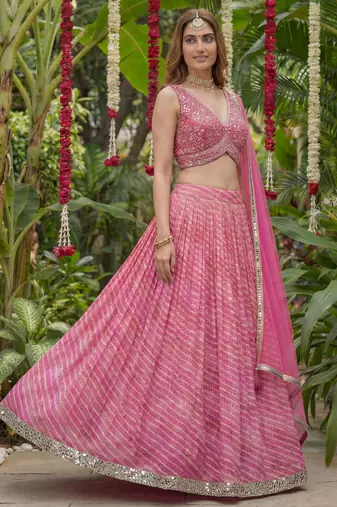 pink laheriya printed organza festive lehenga set choli with dupatta