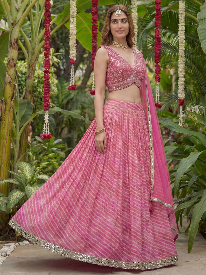 pink laheriya printed organza festive lehenga set choli with dupatta