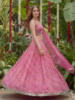 pink laheriya printed organza festive lehenga set choli with dupatta 3