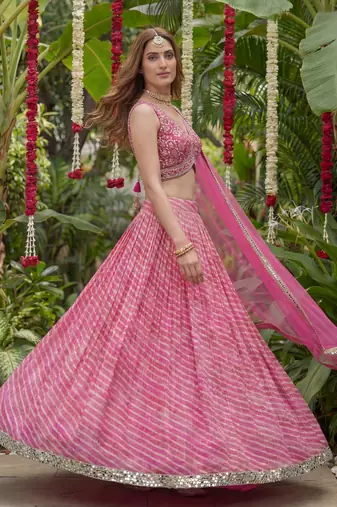 pink laheriya printed organza festive lehenga set choli with dupatta