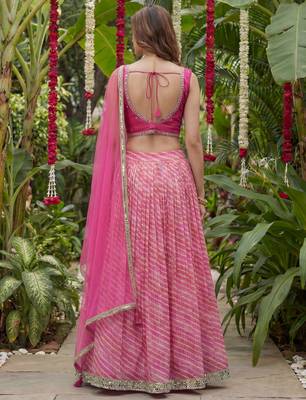 pink laheriya printed organza festive lehenga set choli with dupatta 5